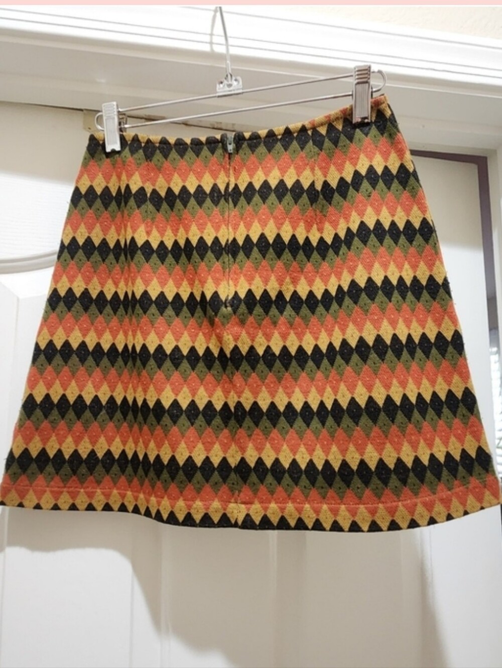 Express Brand, Y2k, Vintage-Inspired Orange, Black & Mustard Argyle Knit Skirt.